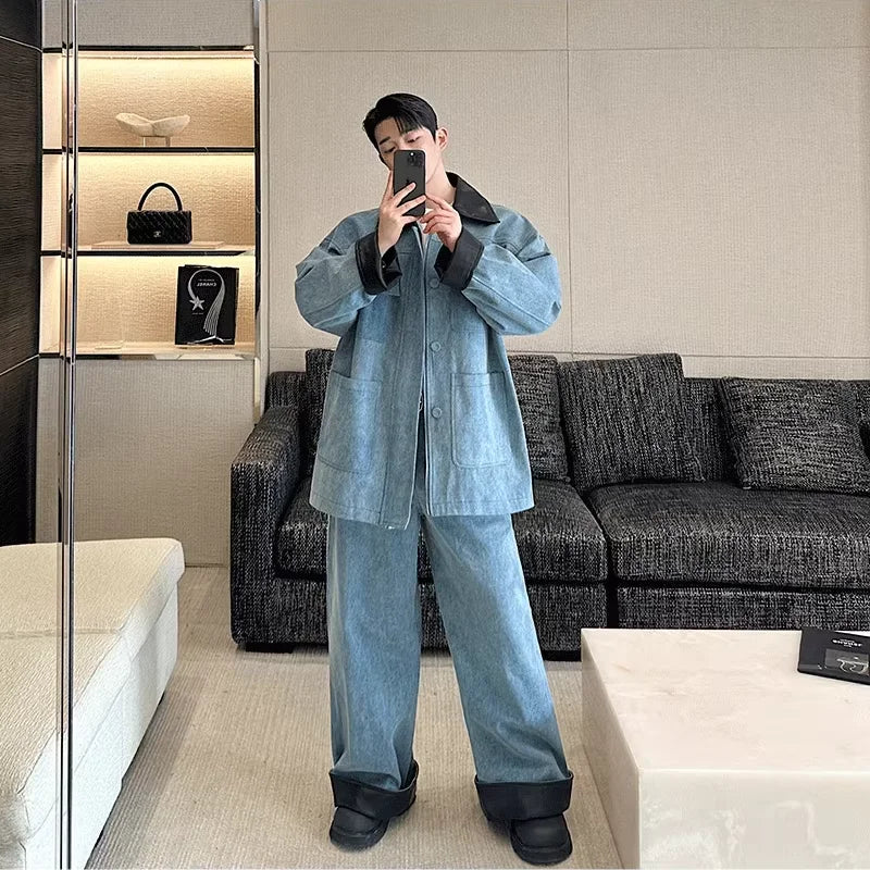 fashion show suits men streetwear washed denim splice loose casual jacket wide leg jeans pants 2 piece sets coat trousers suits vintage washed jeans