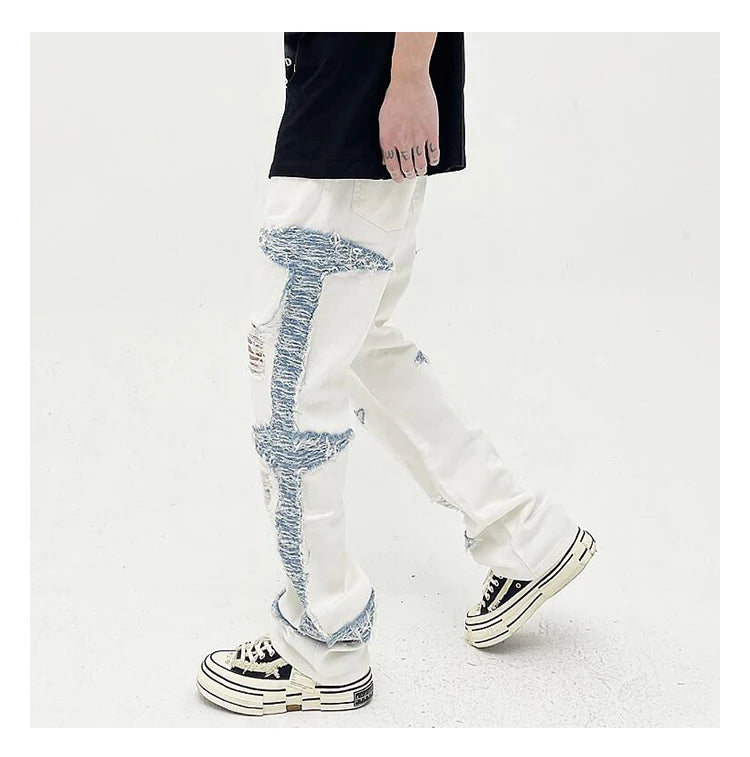 mens high street denim jean pants casual loose destroyed ripped holes straight jeans side patchwork hip hop streetwear joggers unique joggers style 1734