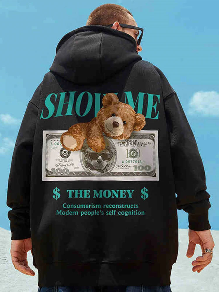 Money Bear Print Fleece Hoodies For Men Autumn Hip Hop Hooded Sweatshirts Unisex Pullovers Streetwear y2k Hoodie Tracksuit Homme Street King Limited