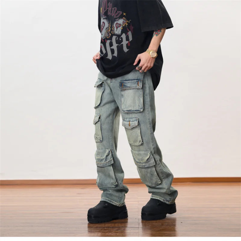hip hop cargo denim pants streetwear plain denim pants mens harajuku cotton casual joggers jeans loose straight pants trousers streetwear sweatpants