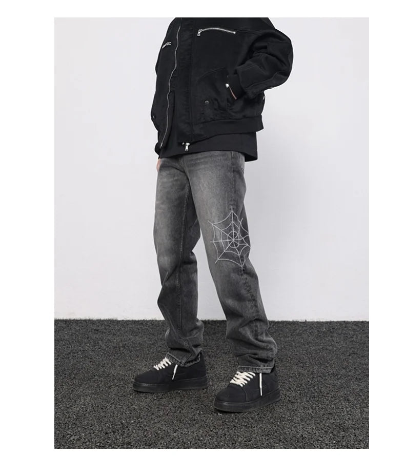 mens hip hop streetwear denim pants cobweb embroidery denim pants 2023 harajuku zipper cotton joggers jeans trousers harem pants unique joggers style 921