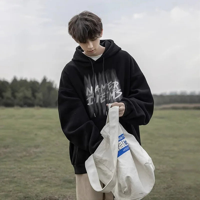 2024 New Graffiti Letter Print Hooded Fleece Sweatshirt For Men Loose Fit Hip Hop Fashion Pullover Hoodies Y2K Streetwear Hoodie Street King Limited