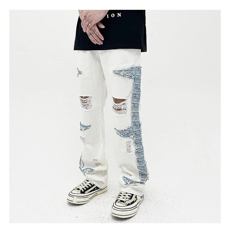 mens high street denim jean pants casual loose destroyed ripped holes straight jeans side patchwork hip hop streetwear joggers unique joggers style 1732