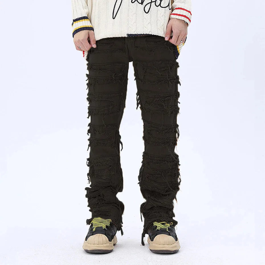 tassel hole spliced european and american straight leg denim pants new popular patch jeans mens wear unique jeans style 311