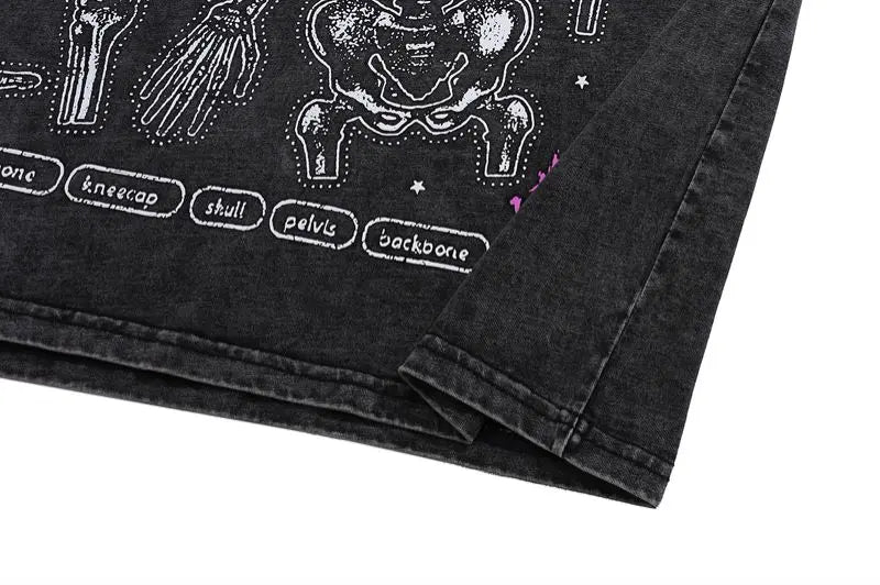 Fashion Distressed Washed T-shirt Harajuku Skull Skeleton Printed Unisex Hip Hop Tees Y2K Loose Mens Casual Cotton Tops T-shirts Street King Limited