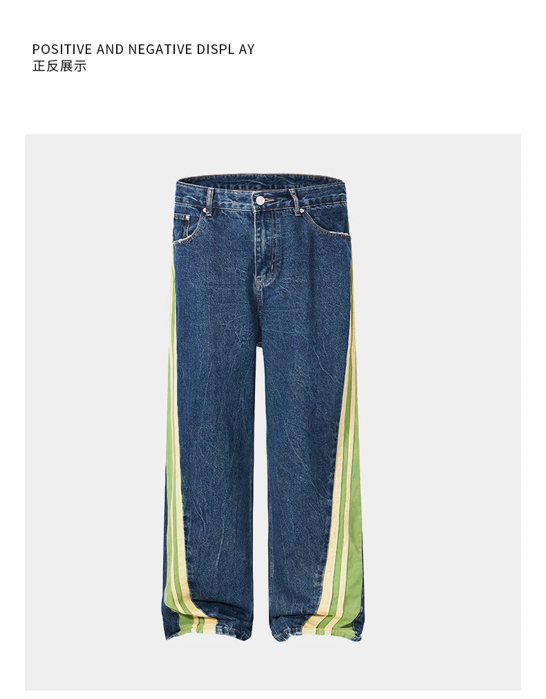 men streetwear fashion side splice hip hop loose casual wide leg straight baggy jeans pant cityboy jeans pants trousers unique jeans style 2475