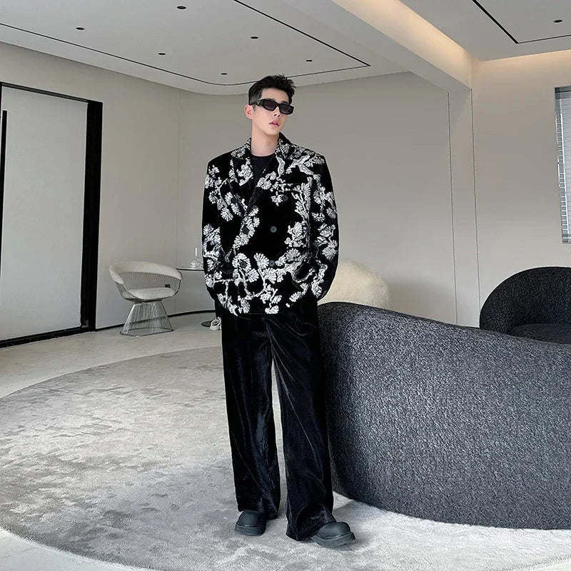 men sequin embroidery velvet loose casual 2 pieces suits blazers jacket pant sets stage party dress suits performance costumes minimalist street pants