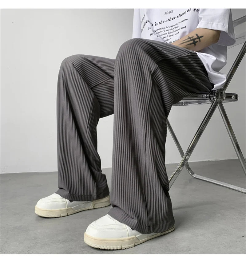 summer texture straight pants for men korean fashion baggy wide leg trousers casual drape pleated striped y2k pantalones hombre unique default style 488
