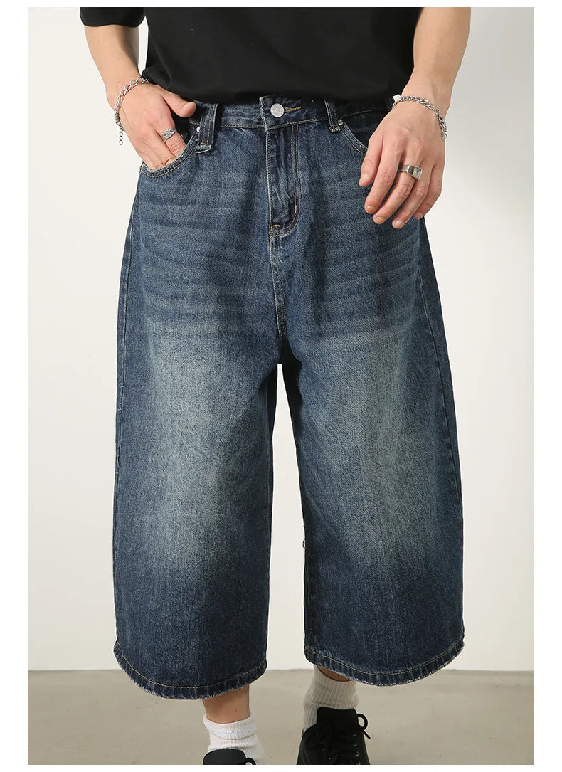 men summer streetwear fashion loose casual wide leg denim calf length jeans pants male vintage jeans baggy hosen pants unique jeans style 1465