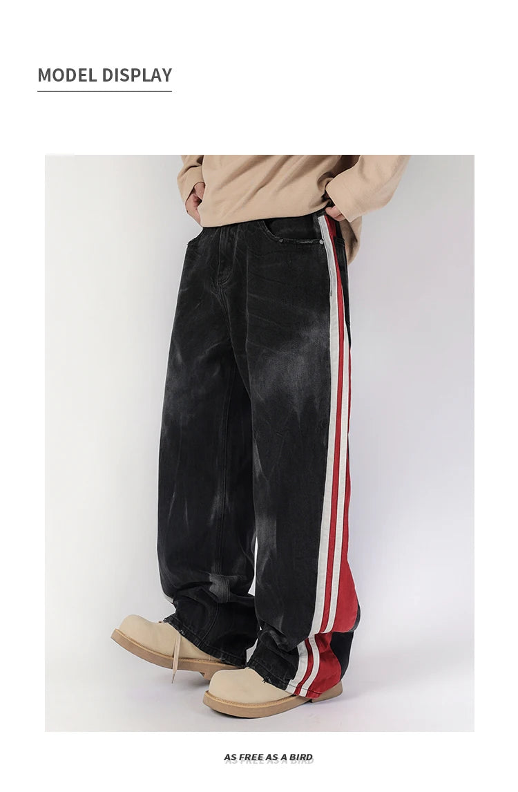 men streetwear fashion side splice hip hop loose casual wide leg straight baggy jeans pant cityboy jeans pants trousers unique jeans style 2505