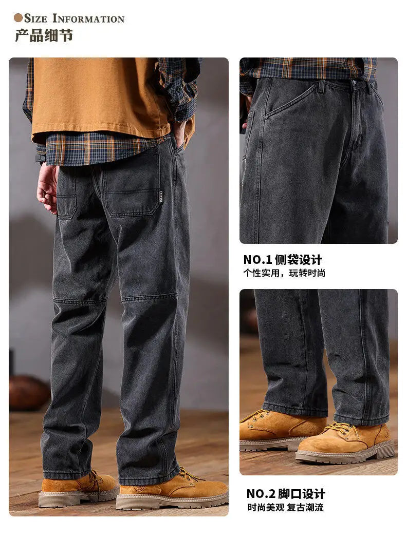men retro fashion streetwear loose casual plus size straight denim cargo jeans pants man black gray jeans trousers unique cargo style 1843