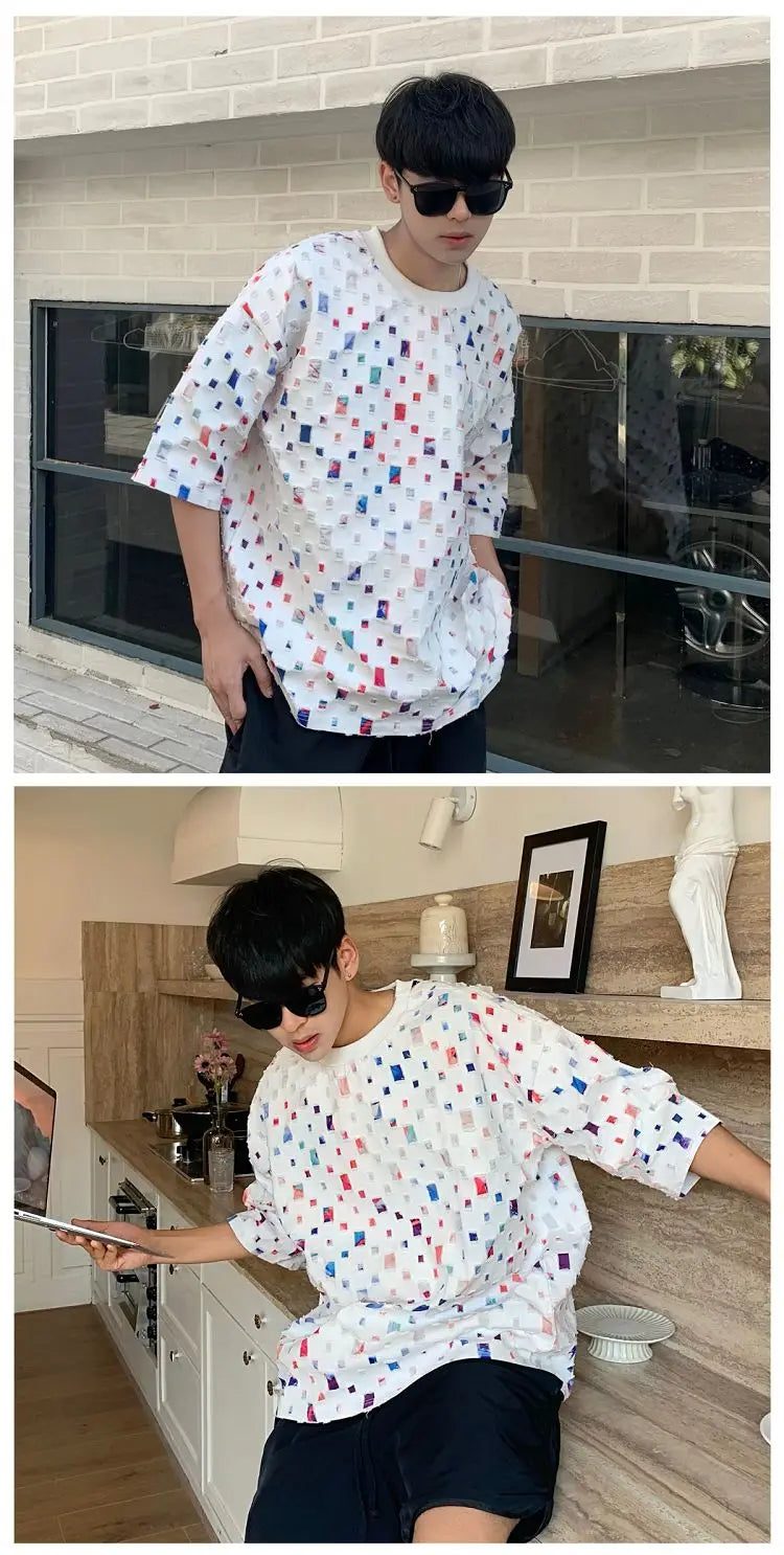 Summer Cotton Short Sleeved T-shirt Men Fashion Colorful Plaid Tshirt Men Streetwear Hip-hop Loose Hollow Out T Shirt Mens Tops Street King Limited