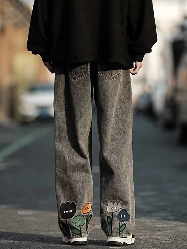new mens y2k flower printed baggy jeans 2025 streetwear american casual denim wide leg pants hombre vintage straight trousers unique jeans style 670