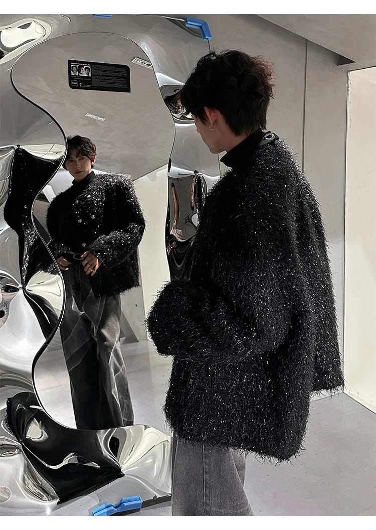 men double breasted french streetwear retro fashion loose casual tassels woolen short jacket man korean coat outerwear unique shorts style 1289