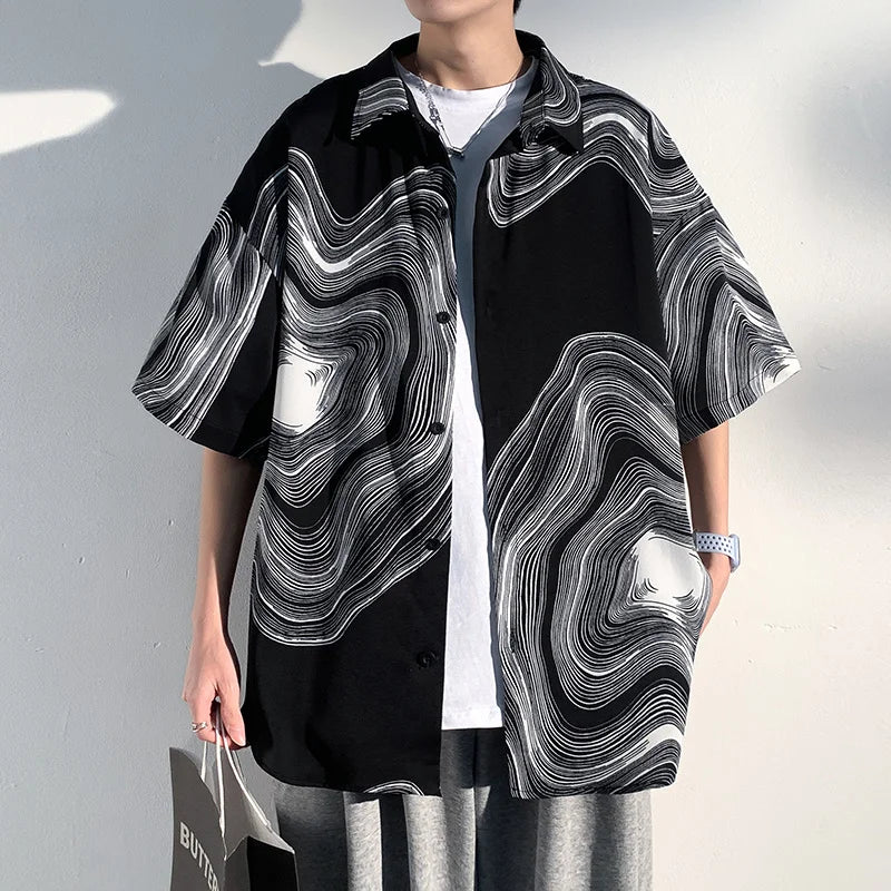 Summer Short Sleeve Shirt Men Fashion Retro Print Shirt Men Loose Black White Ice Silk Shirts Mens Hawaiian Shirt Large Size Street King Limited