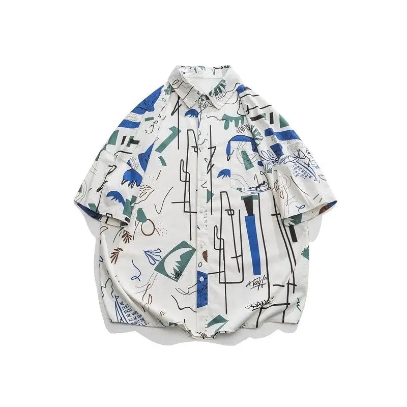 Summer Korean Trendy Brand Creative Printed Beach Short-sleeved Shirt Men's Japanese Street Y2K Personalized Couple Flower Shirt Street King Limited