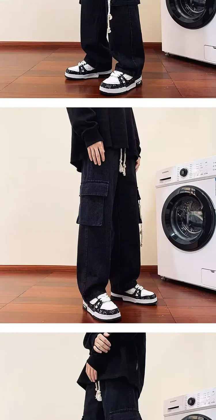 american retro and personalized straight leg jeans for men and women with hiphop big pocket design work pants loose casual pants unique jeans style 763