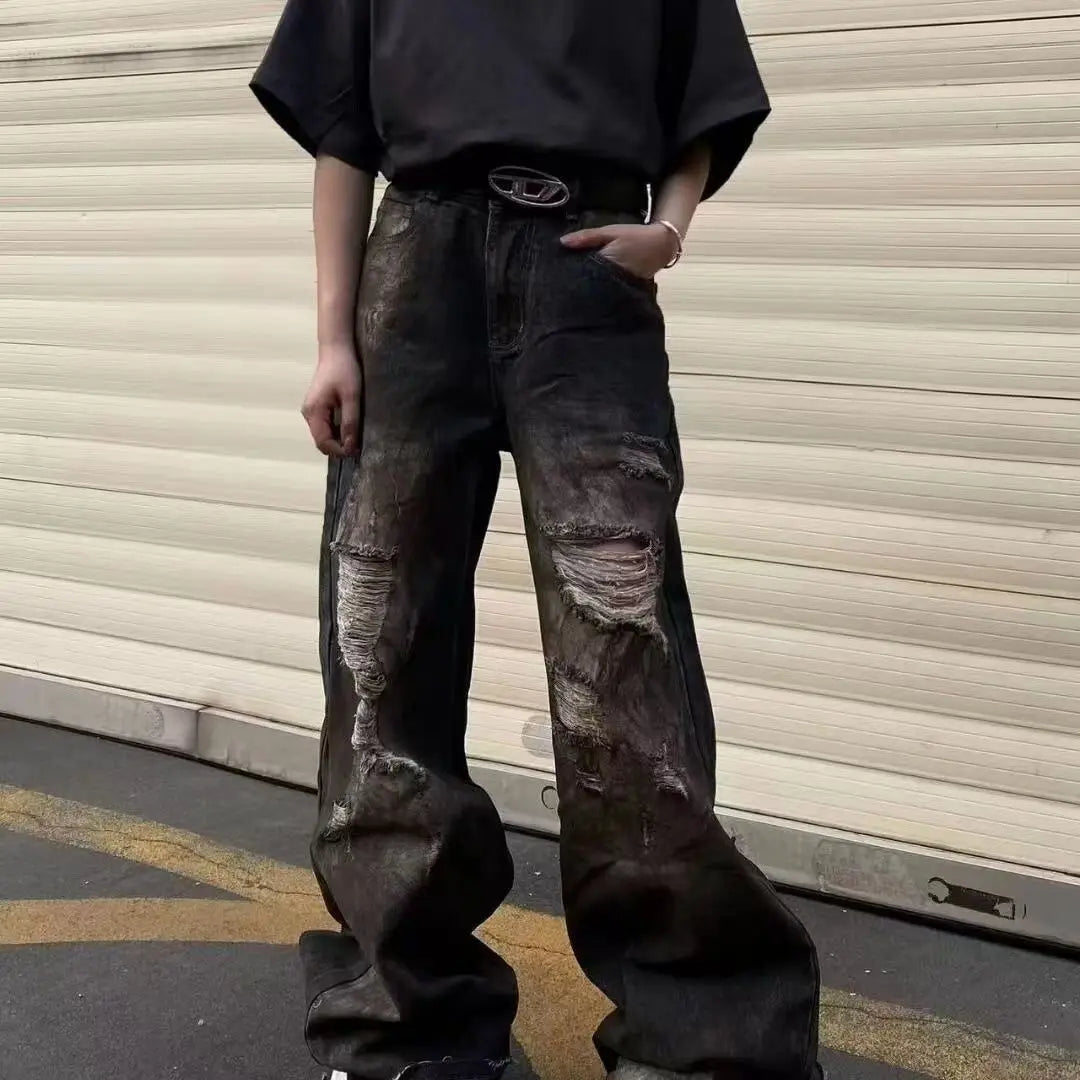 american high street trendy men and women retro personality straight washed jeans for couples loose harajuku casual pants y2k unique jeans style 777