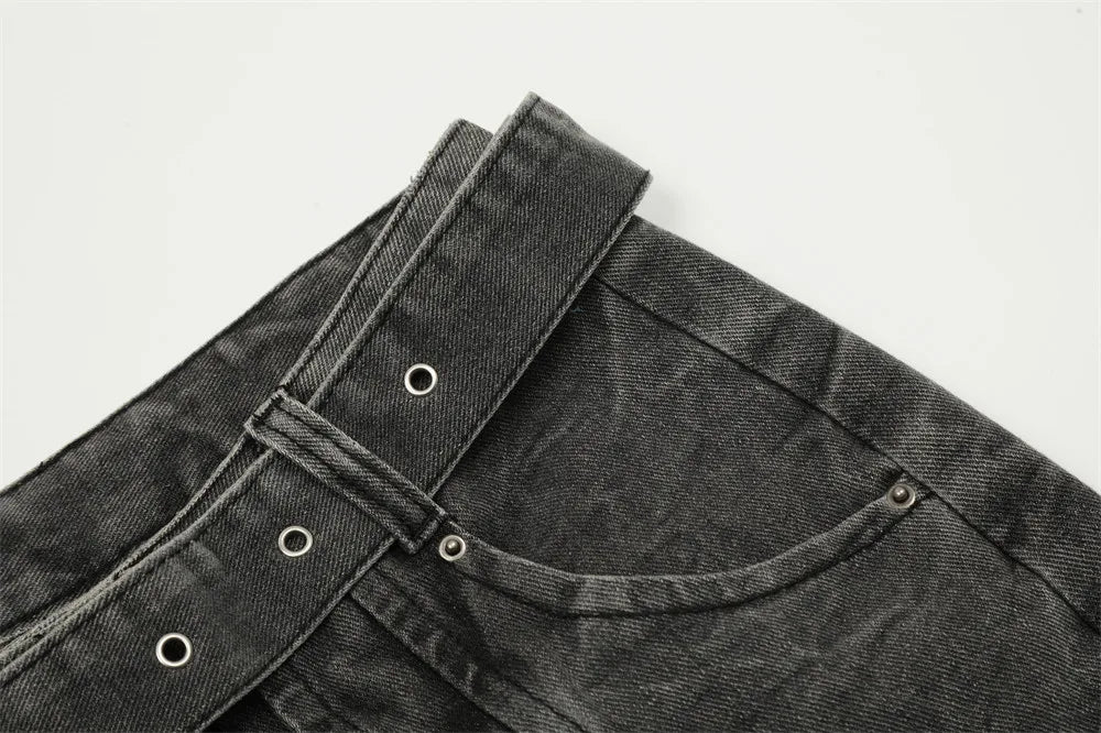 american high street vibe fashion splice jeans mens belt loose casual vintage wide leg straight denim baggy jeans pants trouser unique jeans style 1375