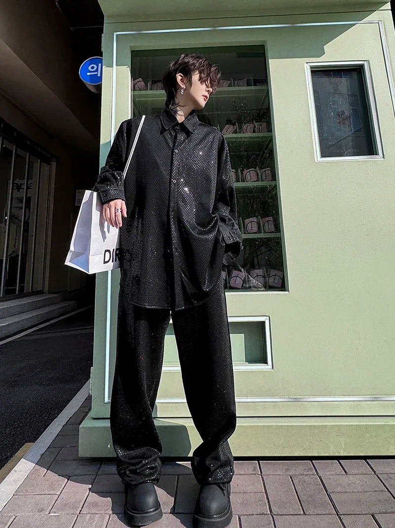 mens sequin 2 piece sets loose casual long sleeve shirt pant stage fashion party show clothing dress shirts trousers costumes clean everyday pants