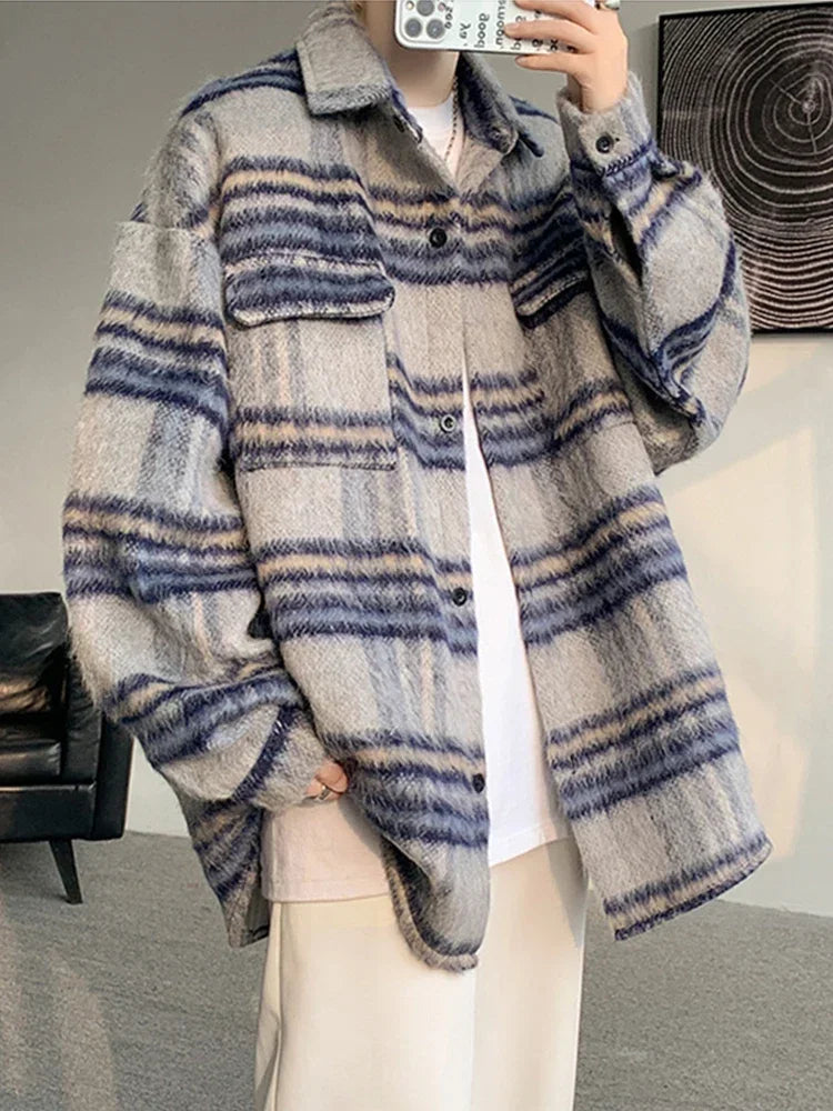 winter y2k vintage striped woolen jackets for men patchwork long sleeve plaid cardigan coats high street cargo shirt jacket unique cargo style 81