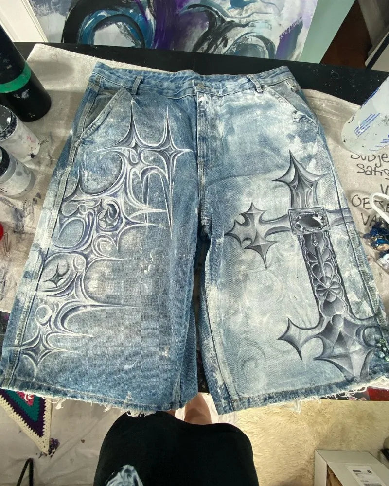 y2k american street retro graffiti anime print oversized denim shorts men shorts high waist fashion loose casual wide leg pants unique jeans style 3358