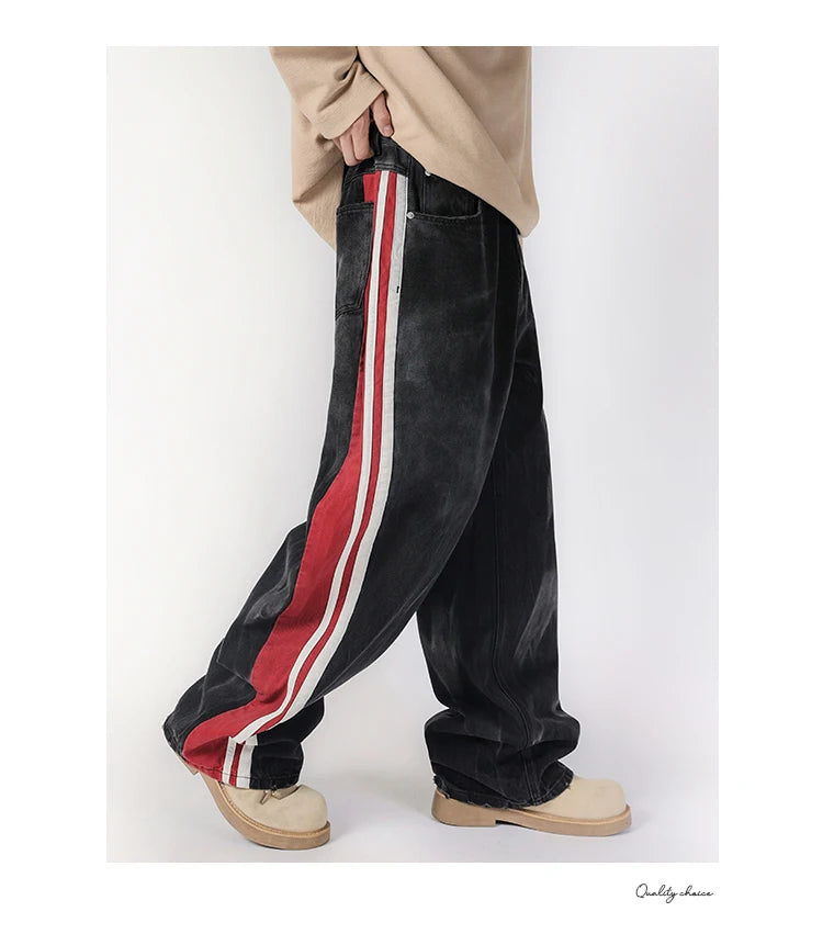 men streetwear fashion side splice hip hop loose casual wide leg straight baggy jeans pant cityboy jeans pants trousers unique jeans style 2508