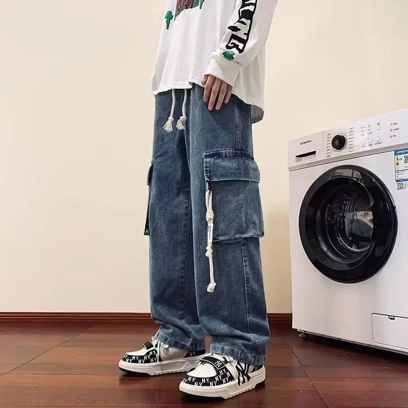 american retro and personalized straight leg jeans for men and women with hiphop big pocket design work pants loose casual pants unique jeans style 768