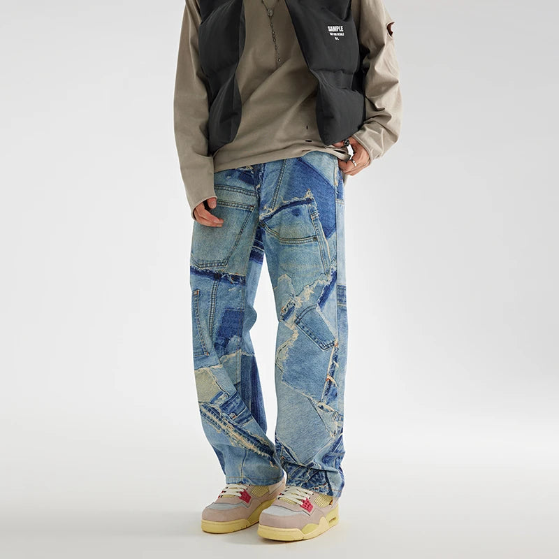 fashion fake patchwork printed denim jeans mens new casual zipper straight loose jeans streetwear hip hop baggy pants joggers sporty tapered joggers