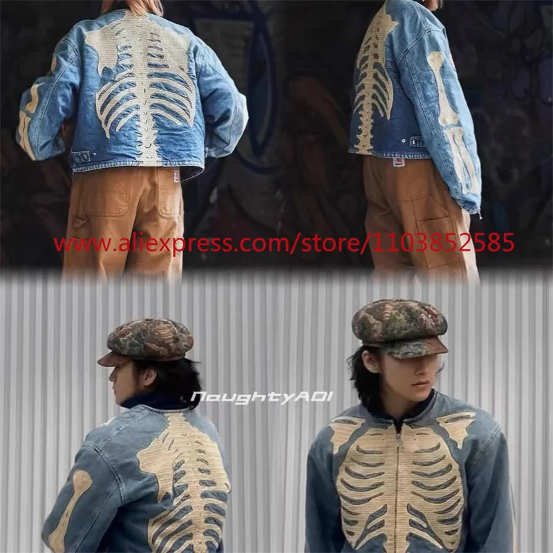 vintage mens long sleeved denim jacket high street oversized washed bone embedding tops clothing autumn winter 2024 heavyweight unique jeans style 1330