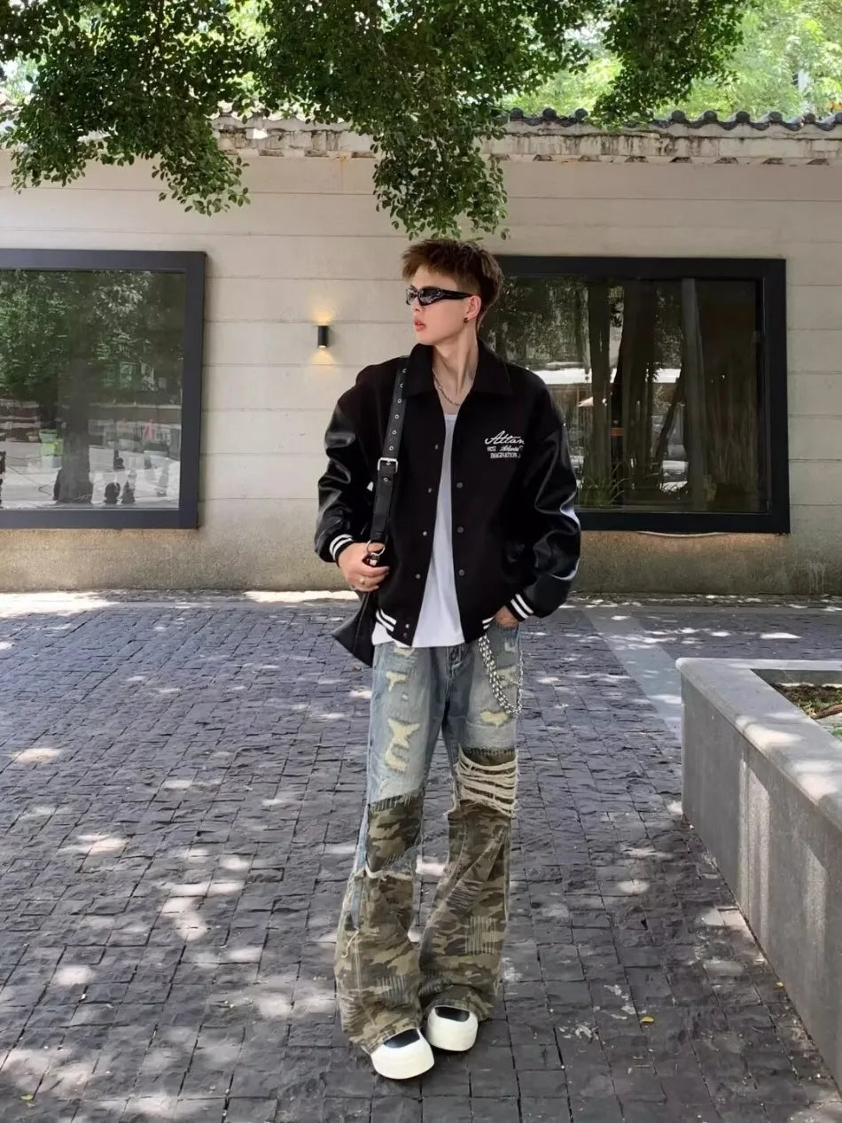 Trendy Camo Cowboy Cargo Pants Mens Spring Autumn Elasticity Fashion Harajuku Patchwork Straight Jeans New Washed Denim Trousers Street King Limited