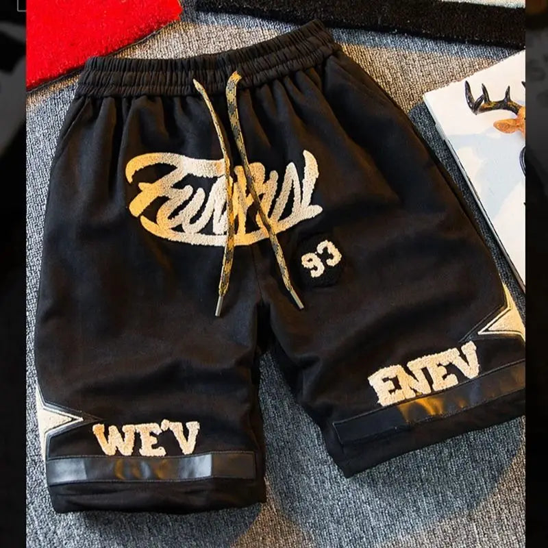 Suede Shorts Men 2024 Summer Men's High Street Letter Print Loose Five-point Pants Straight Simple fashion American basketball s Street King Limited