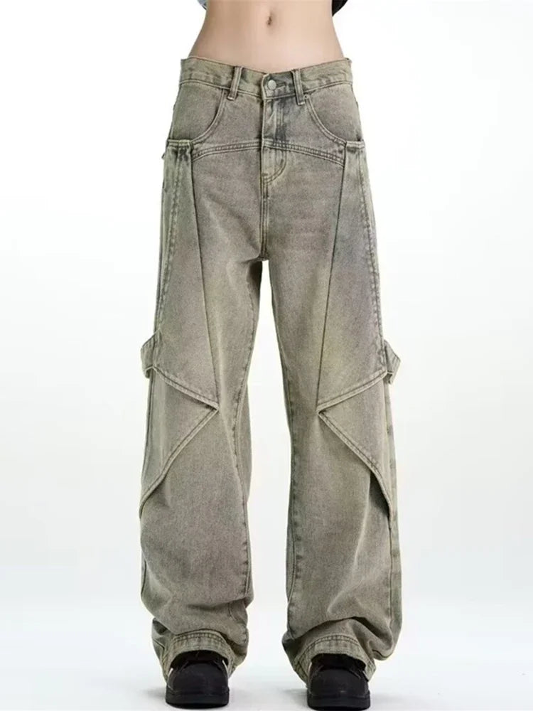 2024 new hip hop wide leg jeans for men washed distressed baggy denim trousers high street deconstruction cargo jean y2k pants unique cargo style 446