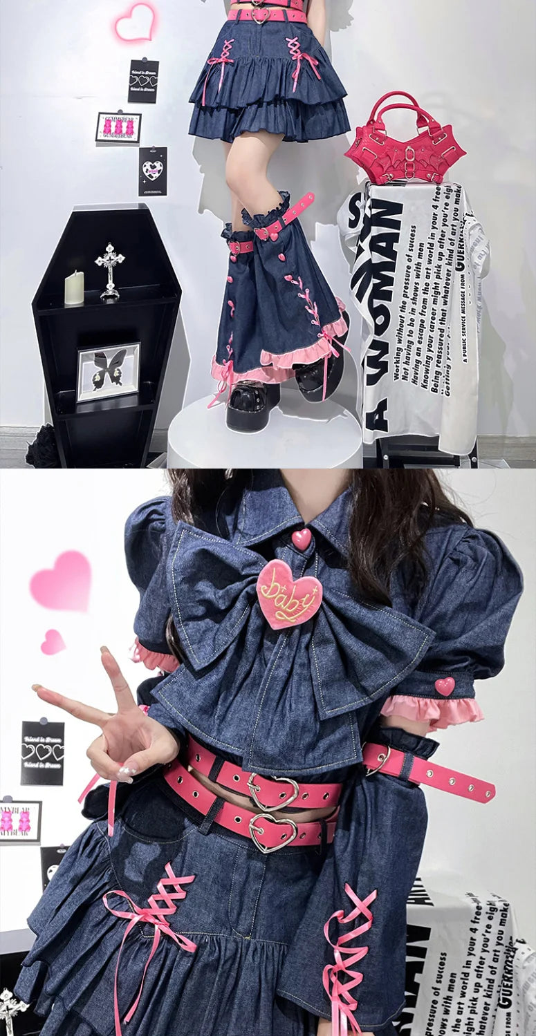 Y2K Set Sweetheart Spicy Girl dress skirt sets Women's 2023 Summer Bubble Sleeve Bowtie Campus Style 2 piece sets womens outfits Street King Limited