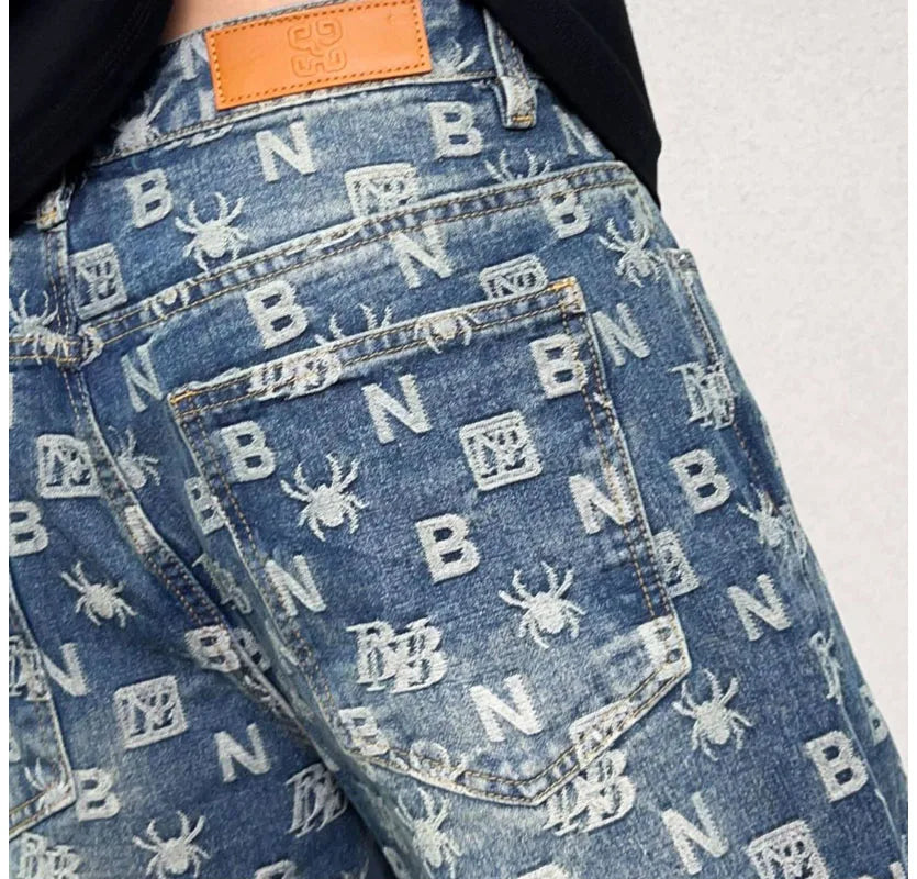 men jacquard streetwear hip hop vibe casual straight denim jeans pants boyfriend high street ripped jeans trousers unique jeans style 3009