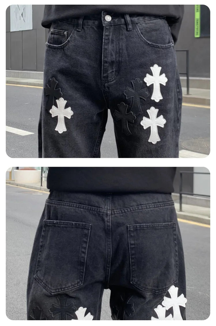 men embroidery streetwear brand fashion hip hop loose casual straight motorcycle denim jeans pant cityboy y2k jeans trousers unique jeans style 2379