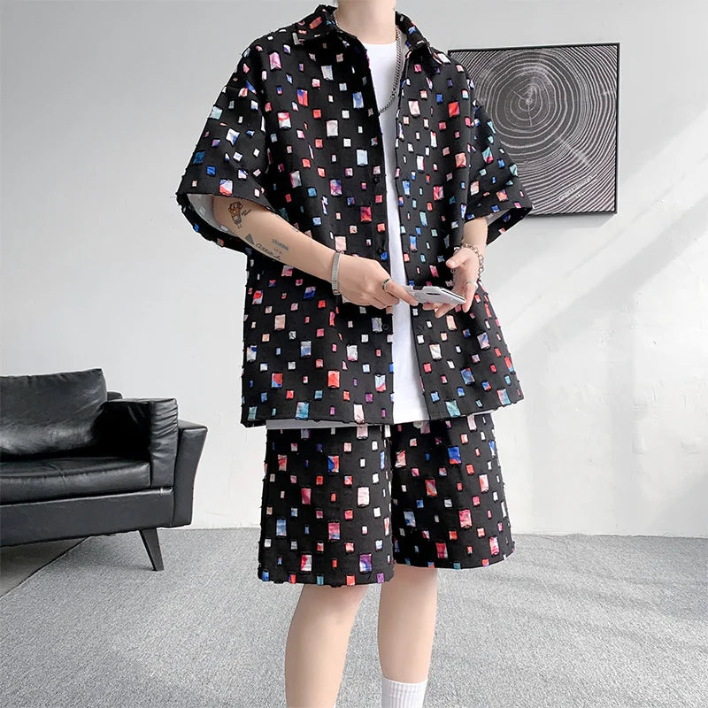 Summer Sets Men Fashion Short Sleeved Shirt Shorts Two-piece Men Korean Loose Hollow Out Set Mens Short Sets Plus Size M-5XL Street King Limited