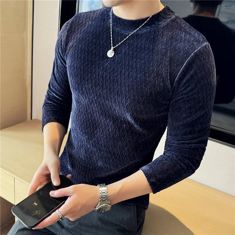 Autumn Winter Semi-turtleneck Stretch Slim Fit Long Sleeve Tshirt Men Thicken Velvet Jacquard Casual T-shirt Bottom T Shirt Street King Limited