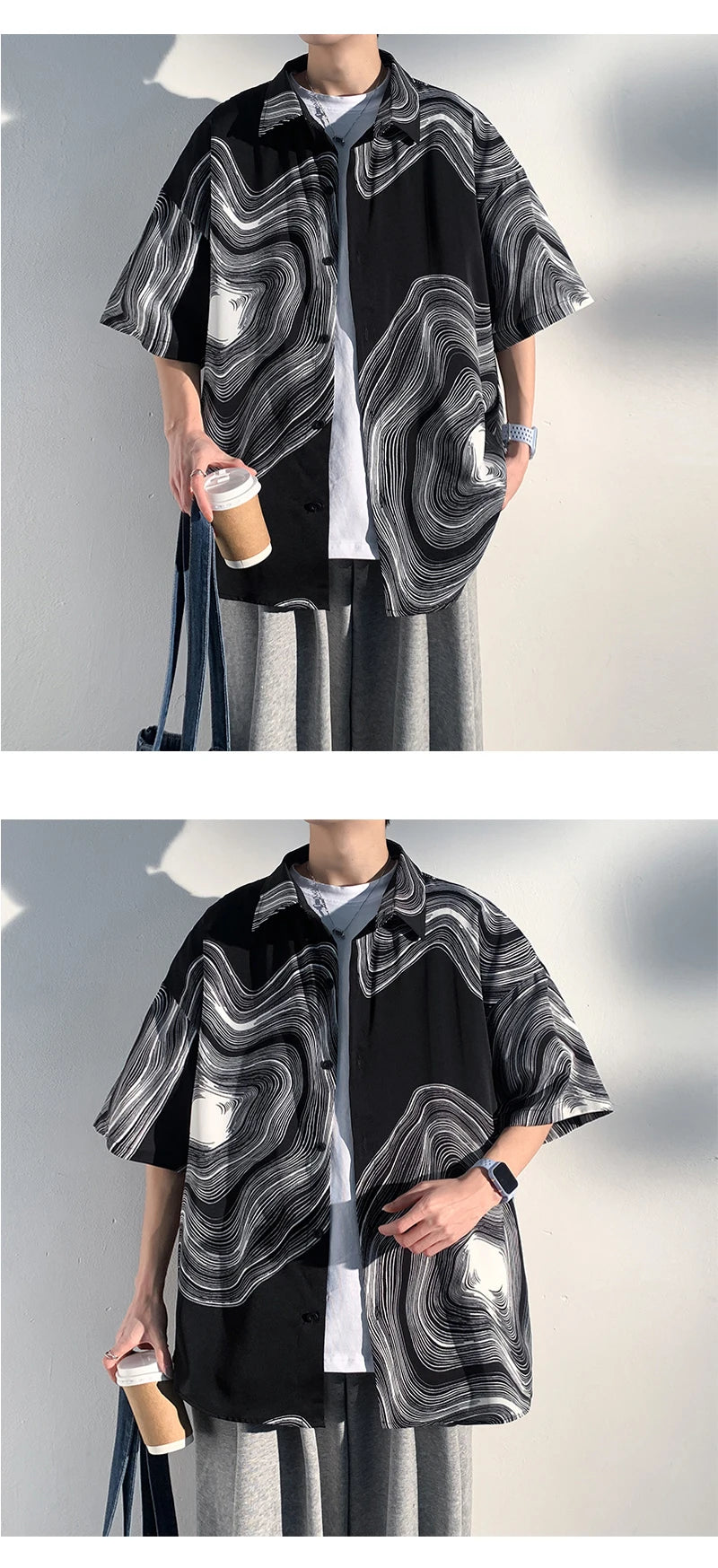 Summer Short Sleeve Shirt Men Fashion Retro Print Shirt Men Loose Black White Ice Silk Shirts Mens Hawaiian Shirt Large Size Street King Limited