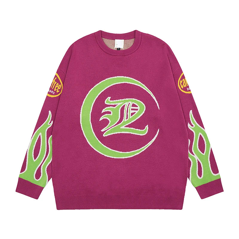 Hip Hop Knitted Sweater Men Letter Fire Pattern O-neck Pullover Streetwear Casual Loose Sweater Unisex Harajuku Jumpers Knitwear Street King Limited