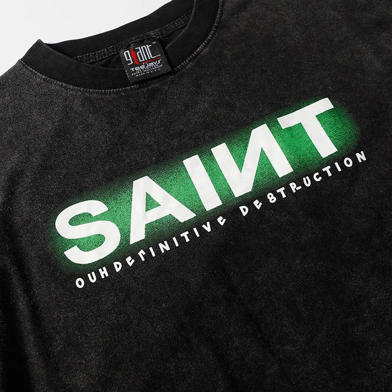 Saint T-shirt Summer Men Woman High Quality Street Hip Hop Chaopai Lovers Loose Casual O-Neck Wash Top Tees Street King Limited