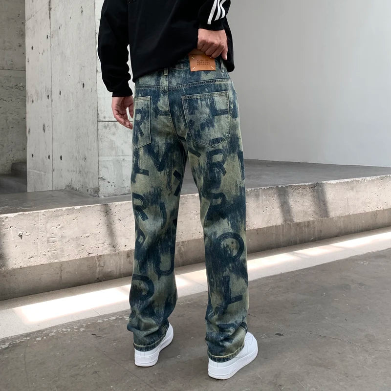 men loose casual american high street hip hop vibe printed denim baggy jeans pants man streetwear ripped jeans trousers ripped baggy denim