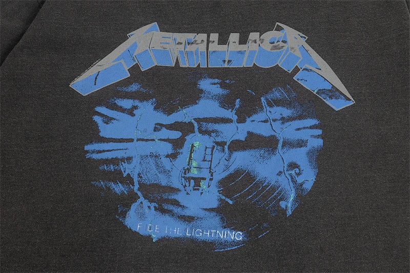Summer Vintage High Street Wash Lightning Print T-shirt Vintage Heavy Metal Rock Band Short Sleeve Japanese Street Pure Cotton Street King Limited