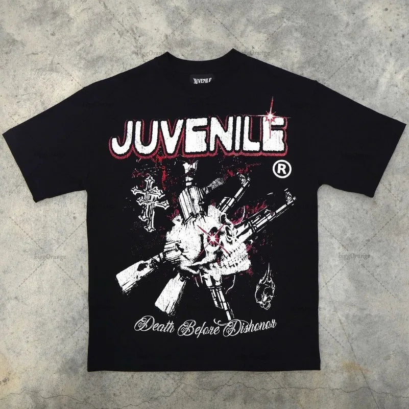 Trendy Brand Rock Punk Streetwear Y2K Harajuku Gothic Retro Pattern Printed Oversized T-shirt Men American Hip-hop Casual Tops Street King Limited