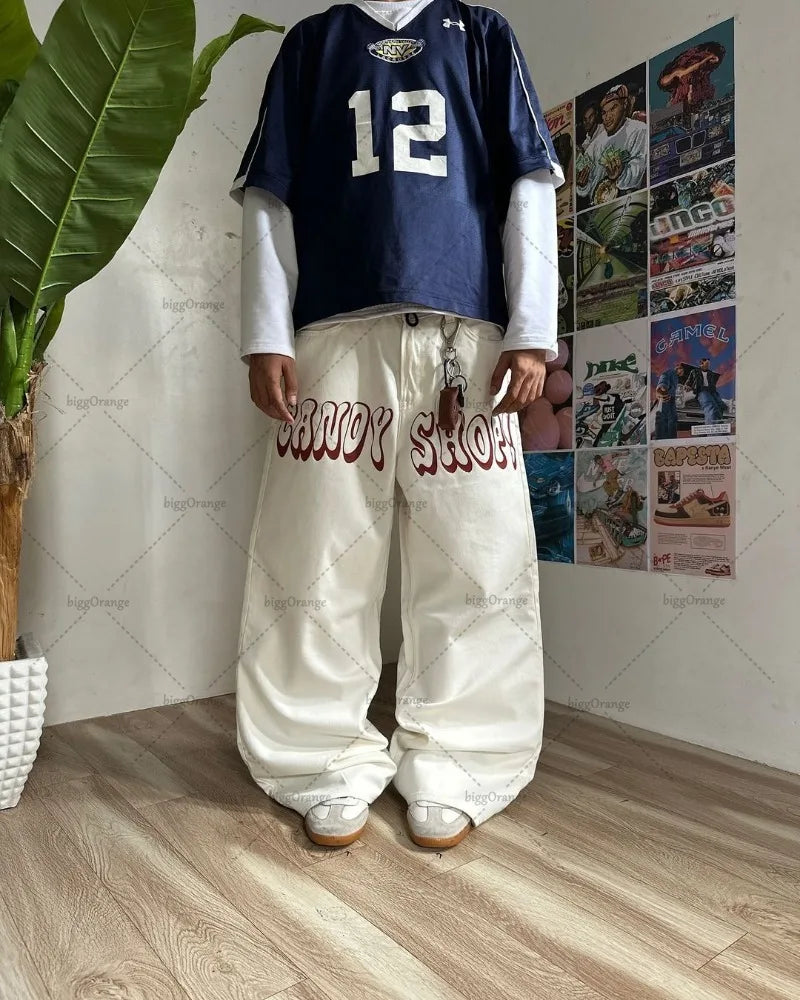Y2K Harajuku Retro Washed Baggy Jeans Street Hip-hop Anime Printed Wide Pattern Straight Pants Men Trendy Brand Casual Trousers Street King Limited