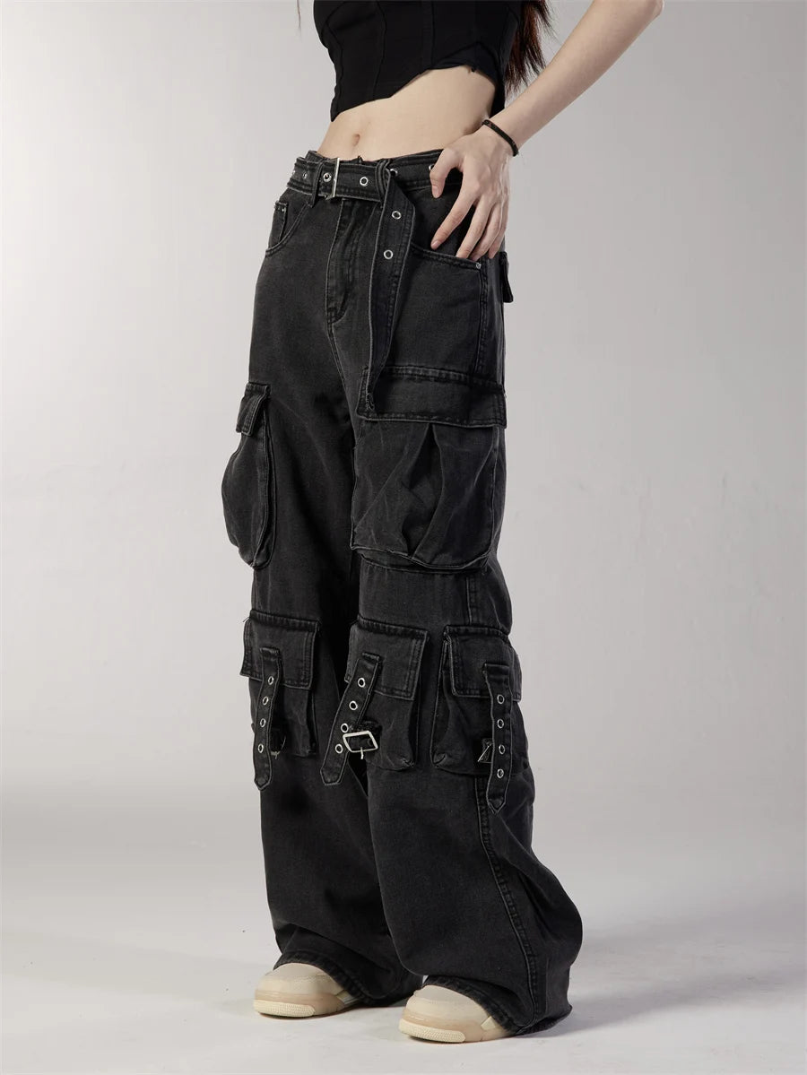 fashion loose streetwear cargo denim jeans unisex casual multi pocket straight jean pants with belt hip hop joggers baggy jeans unique joggers style 2700