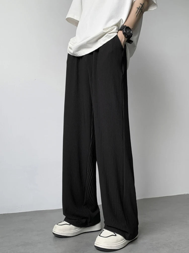 summer texture straight pants for men korean fashion baggy wide leg trousers casual drape pleated striped y2k pantalones hombre unique default style 499