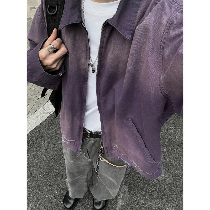 y2k hip hop gradient jacket mens tooling canvas high street lapel short coats washed retro motorcycle outwear trend 2024 new techwear shorts