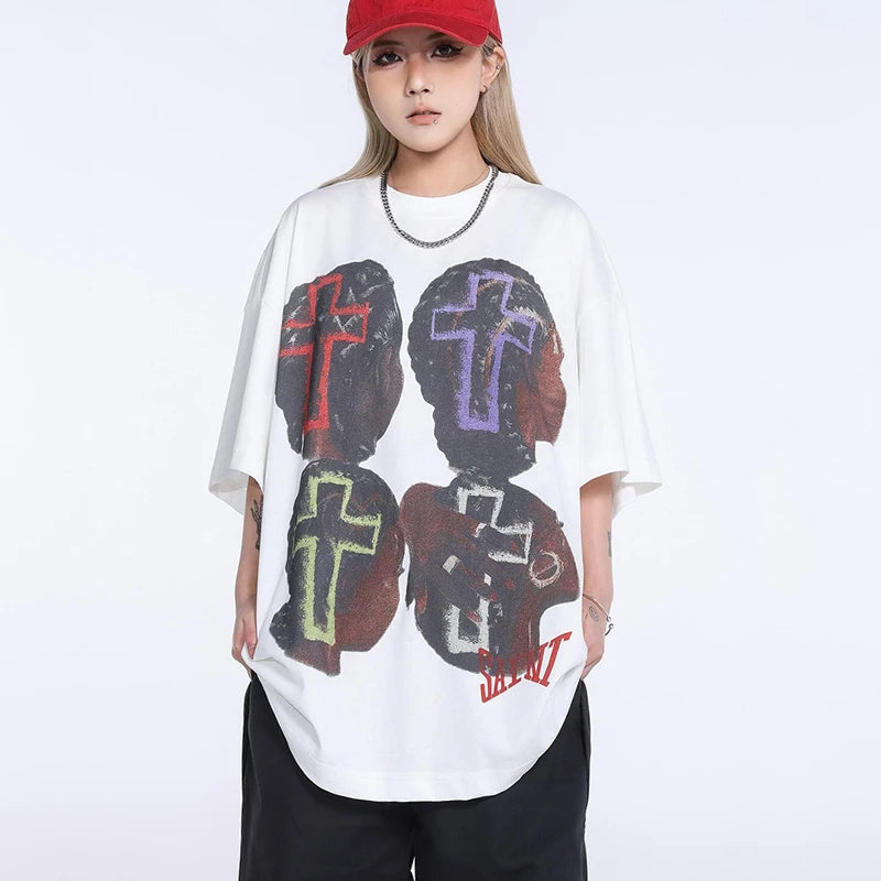 Saint T-shirts New Vintage Wash Letter Printing Chaopai High Street Men Woman Loose Casual Short Sleeve Top Tee Street King Limited