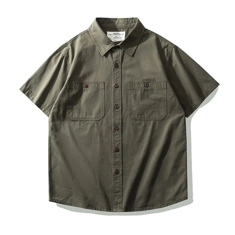 Men's Japanese Short Sleeve Cargo Shirt, Solid Color, Simple Fashion, Engineer Casual Shirt, 100% Cotton, New, Summer Street King Limited